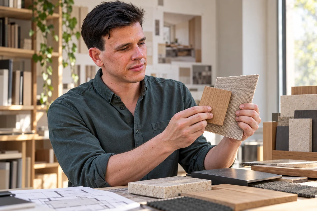 Michael Braunsteiner stimmt Holz, Stoff und weitere Materialien aufeinander ab &ndash; KI-generierte Szene