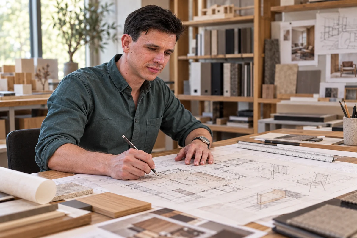Michael Braunsteiner zeichnet einen Innenraumentwurf im Studio &ndash; KI-generierte Szene