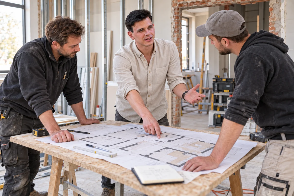 Michael Braunsteiner erkl&auml;rt Handwerkern einen Plan auf der Baustelle &ndash; KI-generierte Szene